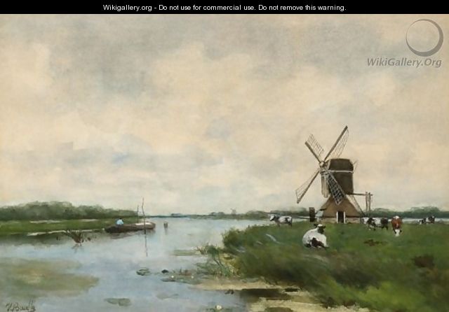A River Landscape With A Windmill And Cattle - Victor Bauffe
