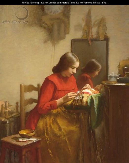 An Interior With A Girl Making Lace - Leon Delachaux