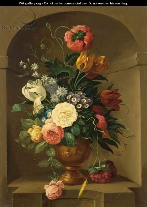A Still Life With Tulips, Roses, Small Morning Glory And Other Flowers, All In A Stone Vase Standing In A Niche - Dutch School