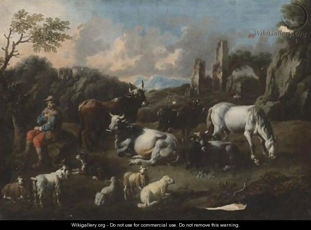 Italianate Landscape With A Herdsman Surrounded By His Cattle - Cajetan Roos
