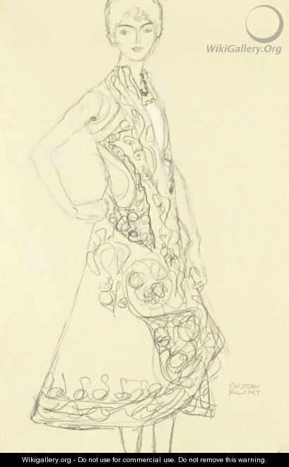Woman In Richly Patterned Dress, Right Hand Resting On Hip - Gustav Klimt