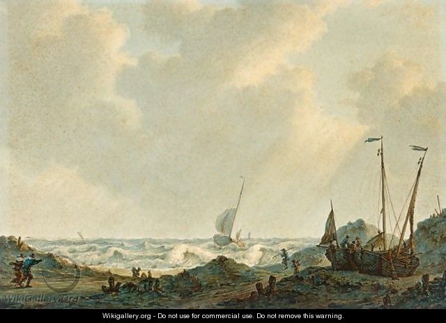 Beach Scene With Fisherfolk Near Ships On The Shore - Johannes Christian Schotel