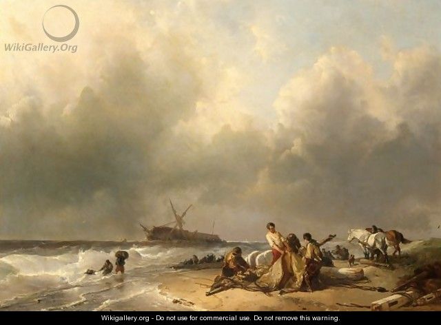 Figures On The Beach, A Schip Wreck In The Breakers - Charles Rochussen