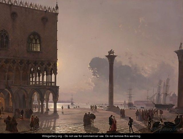 A Moonlit View Of The Piazza San Marco Towards San Giorgio Maggiore - Friedrich Nerly