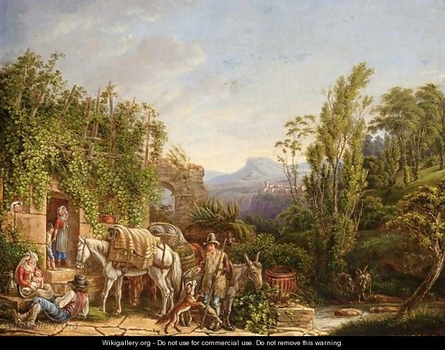 Travellers And Their Animals Resting Near A Ruin In An Italianate Landscape - German School