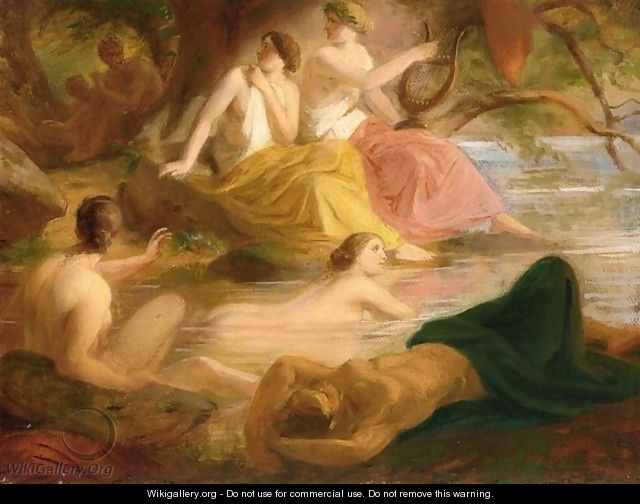 Nymphs Bathing With A Satyr Watching In The Background - German School