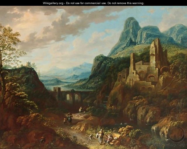 An Italianate River Landscape With Travellers And A Bridge Beyond - Johann Christian Vollerdt or Vollaert