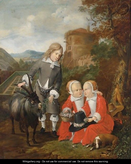 A Boy With A Goat And Twins In A Forest Landscape With A View Of A Formal Garden Beyond, Said To Be The Children Of Graf Hochberg - Johann Heinrich Roos