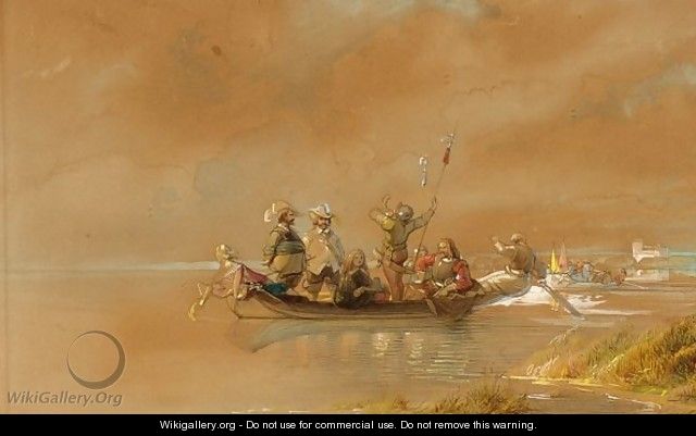 Soldiers On A Boat, One Blowing A Horn - Caspar Johann Nepomuk Scheuren