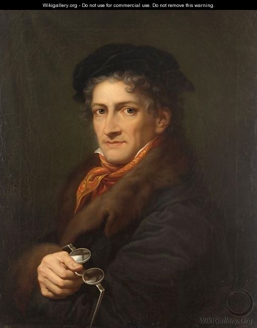 A Portrait Of A Mandepicted Half Length Wearing A Red Scarf Holding Spectacles - German School