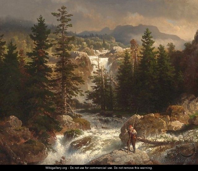 A Fisherman Inspecting His Catch Near A Mountain Torrent - Andreas Achenbach