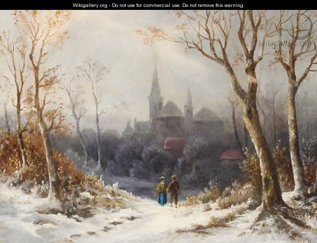 Figures In A Wintry Landscape, A Church Beyond - Colestin Burger