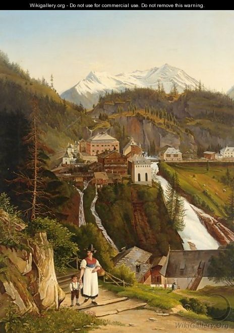 A Woman With Her Child On A Mountain Path, A Village Near A Waterfall In The Background - Emil Ludwig Lohr
