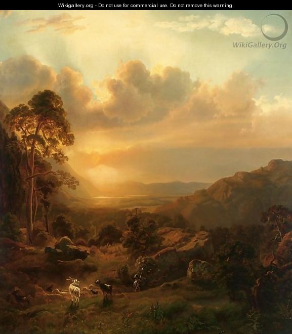 A Shepherd And His Flock In A Summer Landscape At Sunset - George Jabin