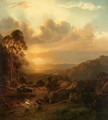 A Shepherd And His Flock In A Summer Landscape At Sunset - George Jabin