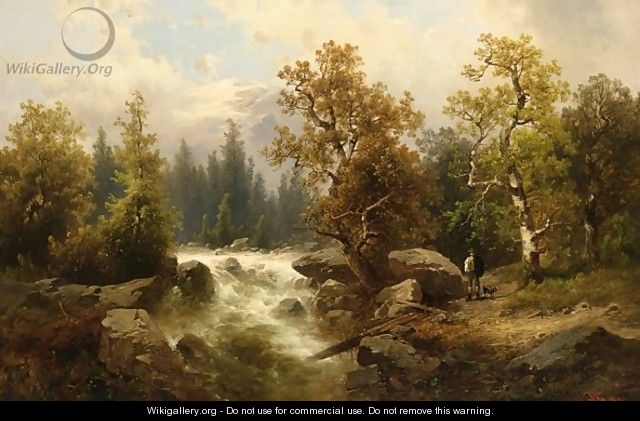 A Mountainous Landscape With A Traveller Near A Torrent - Josef Thoma