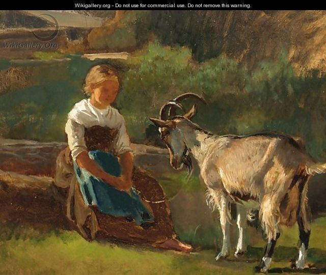 A Little Girl With A Goat - German School