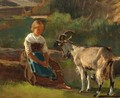 A Little Girl With A Goat - German School