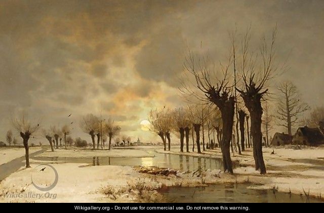 A Wintry Fluvial Landscape With A Village In The Distance - German School