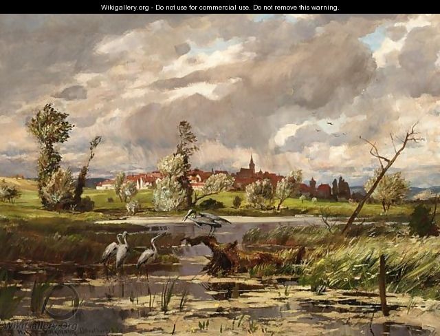 Herons At The Waterside, A Town Beyond - Hans Richard Von Volkmann