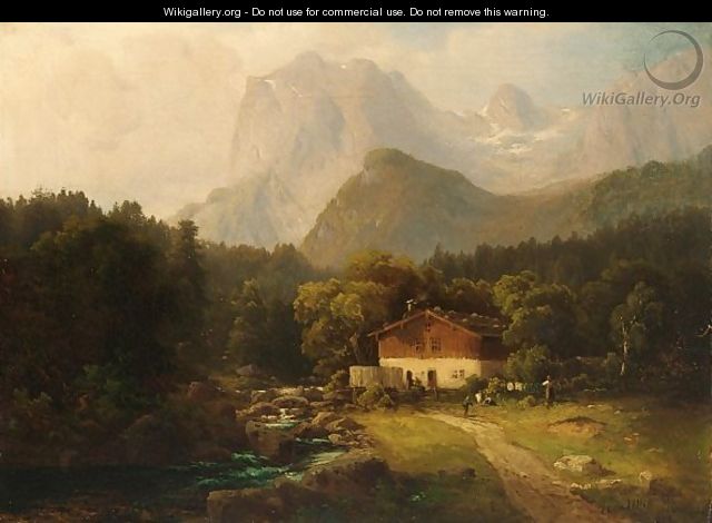 Figures Before A Farmhouse In An Alpine Landscape - Hugo Ullik