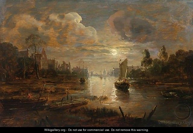 A Moonlit Landscape With A Boat Approaching A River-Side Town - German School