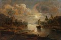 A Moonlit Landscape With A Boat Approaching A River-Side Town - German School