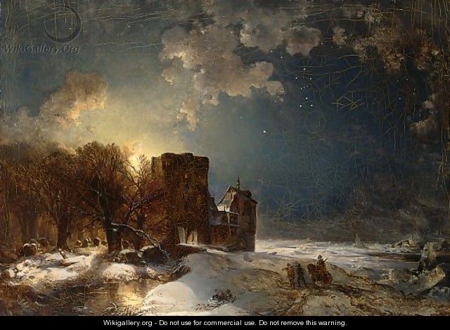 Soldiers Returning To Their Fort In A Moonlit Winter Landscape - Carl Hilgers