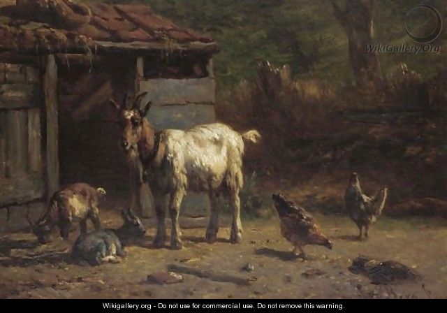 Goats And Chickens In A Yard - Simon Van Den Berg
