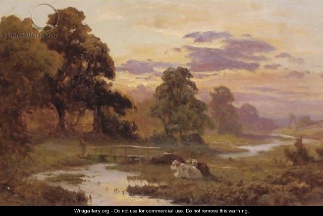 Cattle Grazing At Sunset - Edward Henry Holder