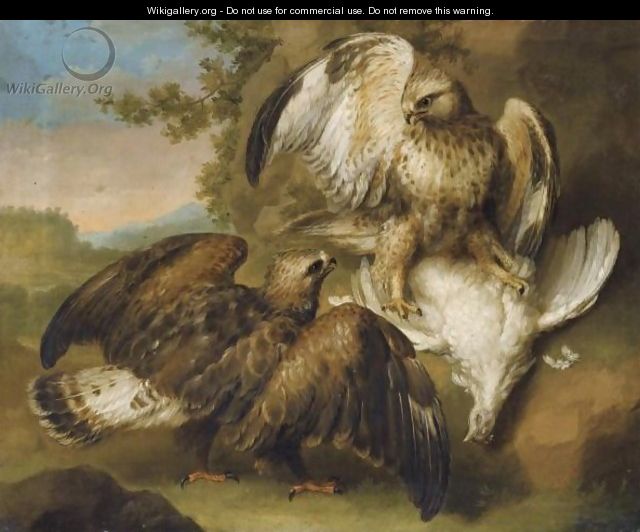 Still Life With Two Falcons With Their Prey In A Landscape - French School