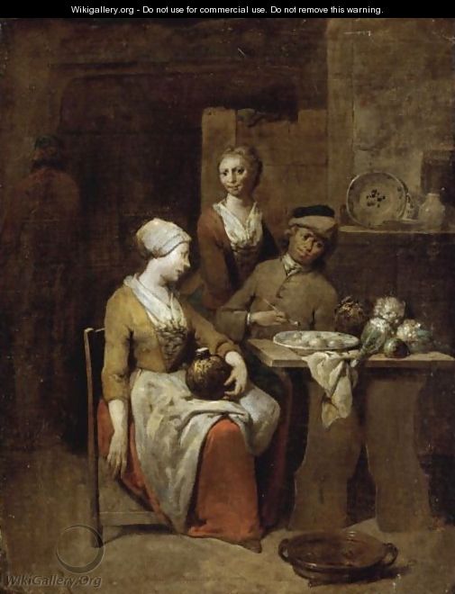 A Tavern Interior With A Gentleman Holding A Pipe And A Maid Holding A Gourd, A Serving Girl Beyond - Jan Baptist Lambrechts