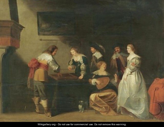 An Elegant Company In An Interior With A Lady And Gentleman Playing Tric-Trac - (after) Christoffel Jacobsz. Van Der Laemen