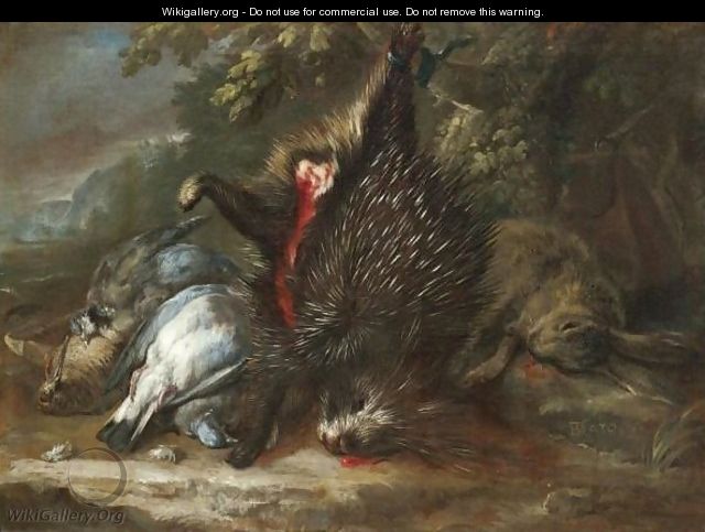 A Still Life With Dead Game And A Porcupine Hanging From A Branch - Baldassare de Caro