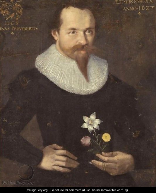 Portrait Of A Gentleman In A Ruff, Wearing Black, Half Length, Holding A Lily, A Rose And A Dandelion - German School