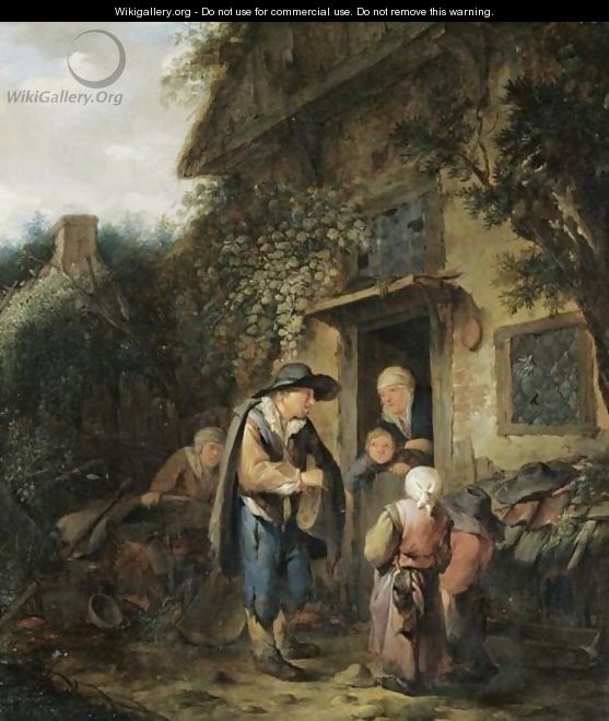 The Exterior Of A Cottage With Peasants Conversing At A Doorway - (after) Adriaen Jansz. Van Ostade