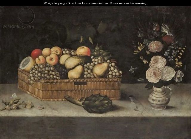A Still Life Of A Basket Of Fruit On A Stone Ledge, With Hazlenuts, An Artichoke, A Bird And A Vase Of Flowers - Spanish School
