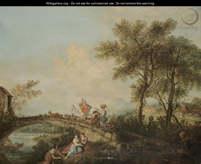 An Arcadian River Landscape With A Family And Their Animals Corssing A Bridge - (after) Francesco Zuccarelli