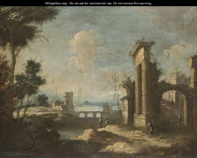 An Italianate River Landscape With Pastoral Figures Amongst Classical Ruins - (after) Antonio Stom