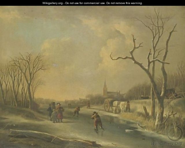 A Winter Landscape With Skaters On A Frozen River, Together With A Family Of Faggot Gatherers - Andries Vermeulen