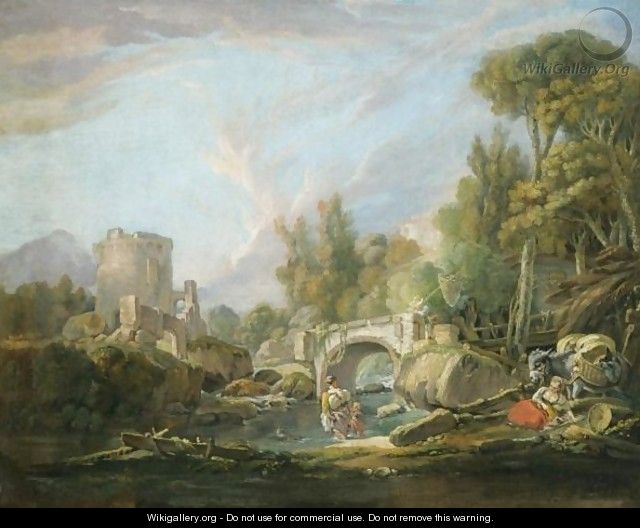 A Pastoral Landscape With Travellers Resting And Paddling In A Stream Before A Bridge, A Ruin Beyond - (after) Francois Boucher