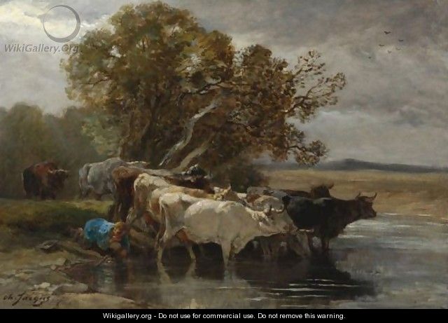 Drover Watering Cattle Near A Pond - Charles Émile Jacque