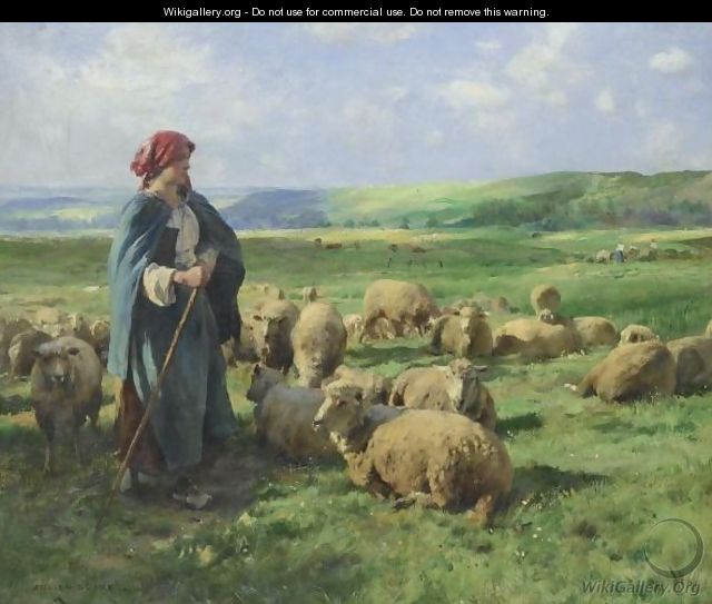 A Young Shepherdess Watching Over Her Flock - Julien Dupre