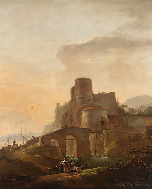 An Italianate Landscape With A Bridge And A Harbour Beyond, Some Herdsmen To The Foreground - Thomas Wyck