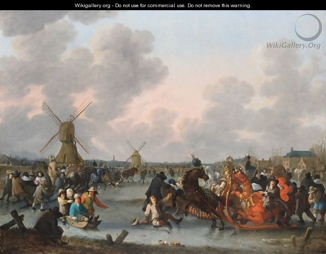 Ice Skaters And A Decorated Horse-Drawn Sleigh On A Frozen River With Windmills And A Town Beyond - Hendrick De Meijer
