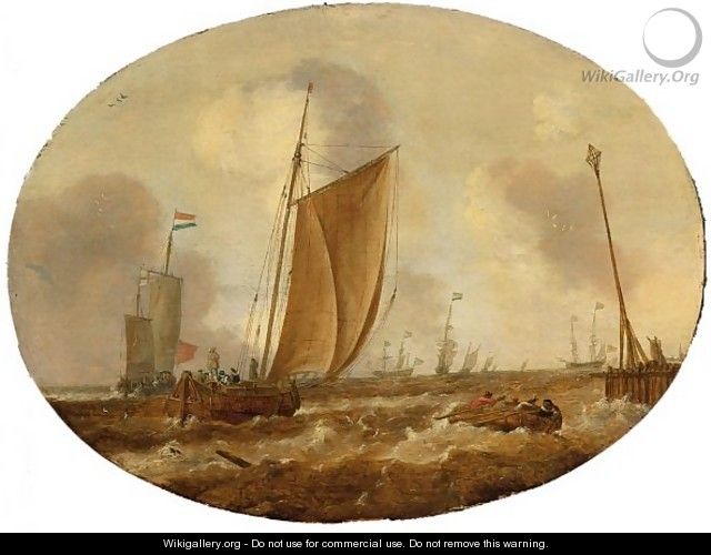 Ships And Frigates In Choppy Waters, With A Light Beacon At The End Of A Pier - Dutch School
