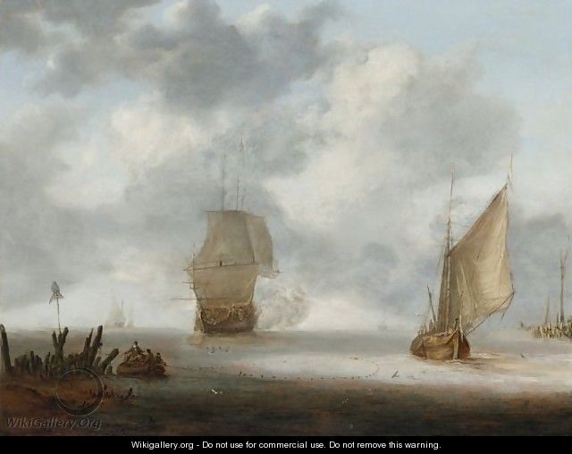 A Calm Sea With A Man Of War And A Fishing Boat - Jan Porcellis