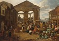 An Italianate Market Scene With Remnants Of A Roman Temple With A Harbour Beyond - Jan Van Buken