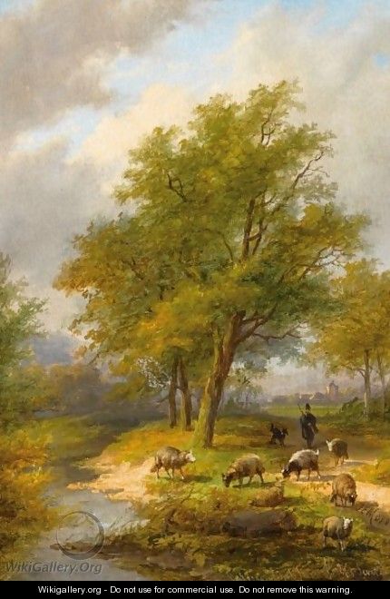 A Shepherd And His Flock In A Summer Landscape - Jan Evert Morel