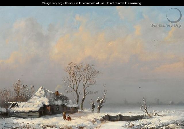 A Winter Landscape With Figures Near A Farm - Anthonie Jacobus Van Wijngaerdt